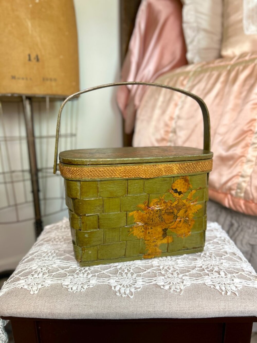 Vintage 70s Holly Hobbie Wood Basket Purse, Retro Decoupage Woven Wicker Handbag